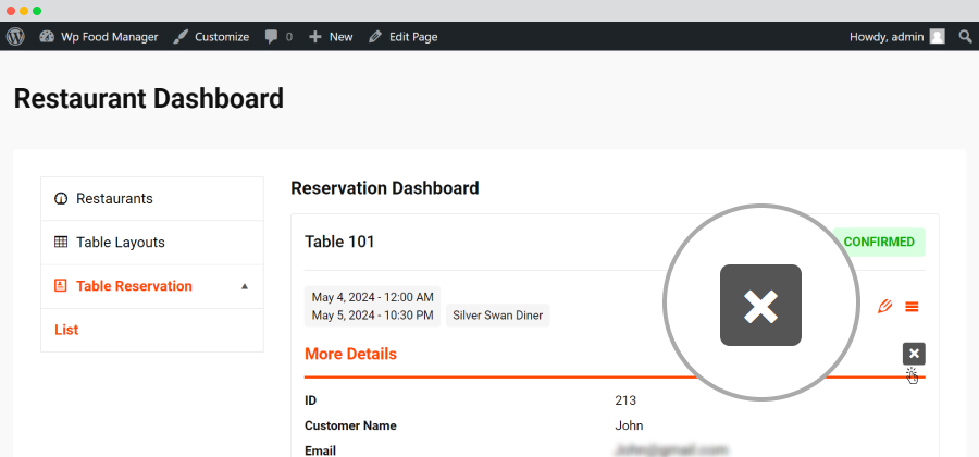 Restaurant Dashboard-Table Reservation-List-Details-Cross